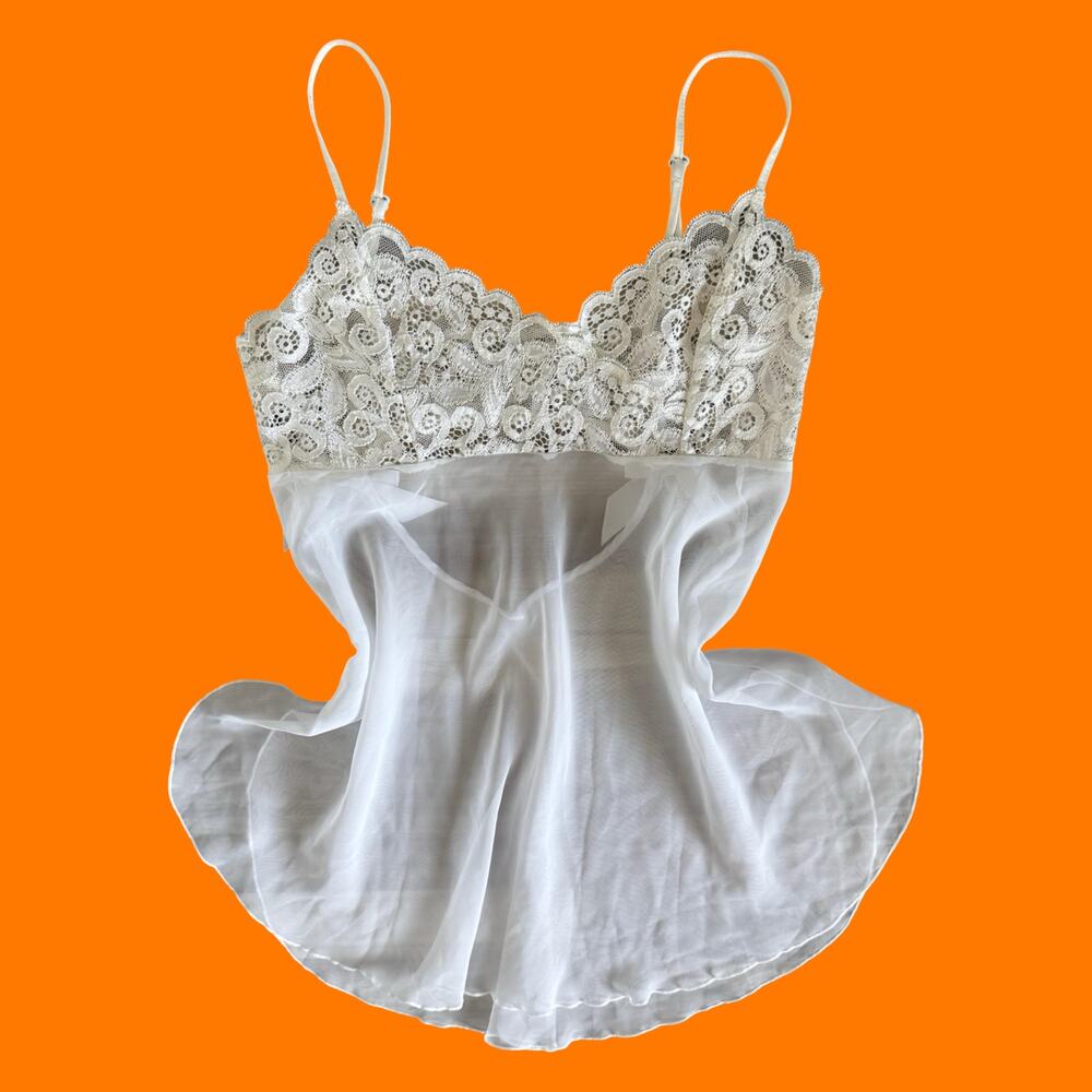 00's vintage white chiffon lace y2k bridal coquette lingerie babydoll SMALL